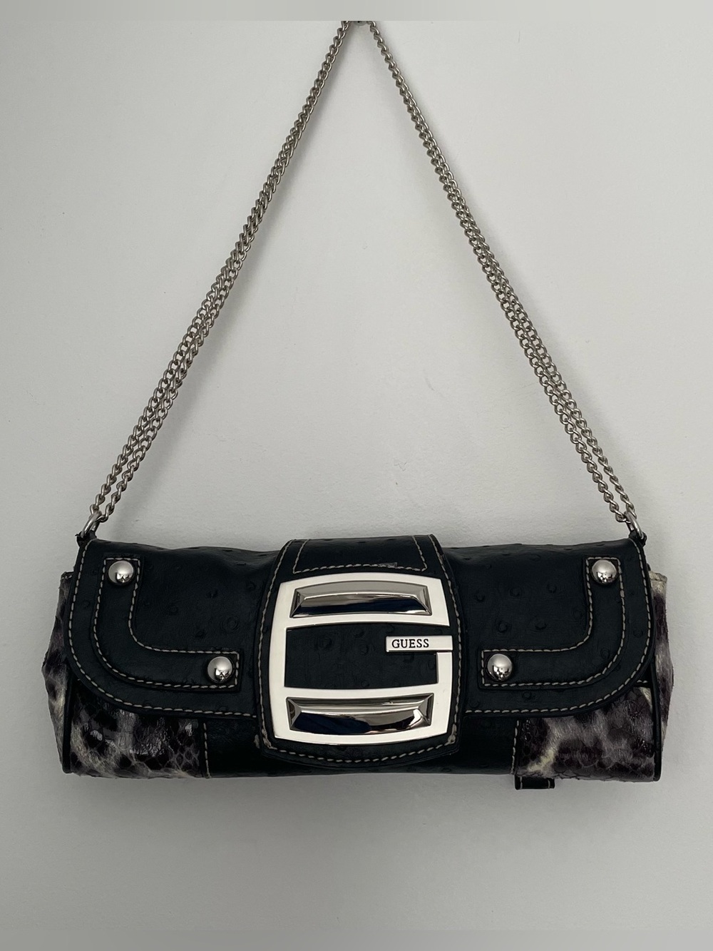 GUESS Black and Gray Chain-Handle Logo Clutch